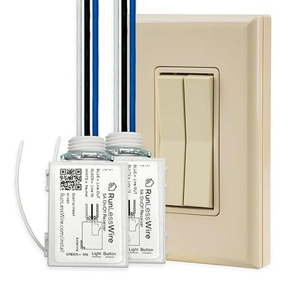 RunLessWire Fan & Light Battery-Free DIY Wireless Light Switch Kit 150ftRF Range Kinetic for Bathrooms & Ceiling Fans: 1 Dual Remote Switch Controls 2 5A On/Off Receivers Separately – Light Almond