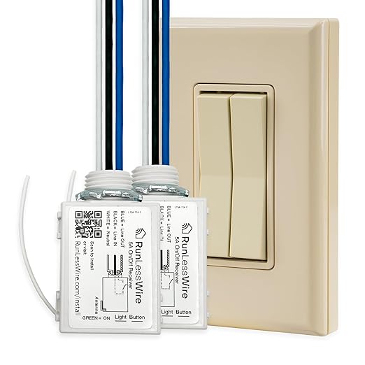 RunLessWire Fan & Light Battery-Free DIY Wireless Light Switch Kit 150ftRF Range Kinetic for Bathrooms & Ceiling Fans: 1 Dual Remote Switch Controls 2 5A On/Off Receivers Separately – Light Almond