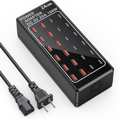 USB Charger Station, C Charging Block, 100W (20A) 24 Port Multiple USBCharger Desktop Wall Charger Hub 12 USB A 12 USB C Compatible for Apple iPhone, iPad, Samsung Galaxy, Laptop, Pixel, Phones