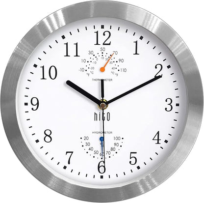 HITO 10 Inch Silent Wall Clock Battery Operated Non Ticking Glass Cover Silver Aluminum Frame, for Kitchen, Bedroom, Home Office, Living Room Decor (White)