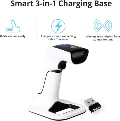 ScanAvenger Wireless Portable 1D&2D with Stand Bluetooth Barcode Scanner: 3-in-1 Handheld Scanner, Rechargeable Battery for Inventory - USB Bar Code/QR Reader (1D&2D with Next Gen Stand)