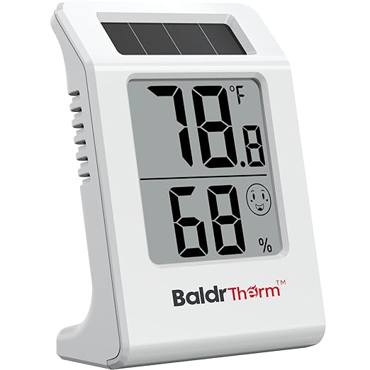 BaldrTherm 2.2'' Digital Thermometer and Hygrometer Meter, Solar-Powered Indoor Temperature Sensor Humidity Monitor, Humidity Gauge for Baby Rooms, Bedrooms, Home, Office, and Wine Cellars, 1Pack