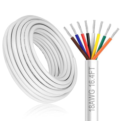 18 Gauge 8 Conductor Electrical Wire, 16.4FT White Stranded Low Voltage 18/8 PVC Case, 18 AWG Tinned Copper 8 Wire Extension Power for Strips LED Lamp Lighting