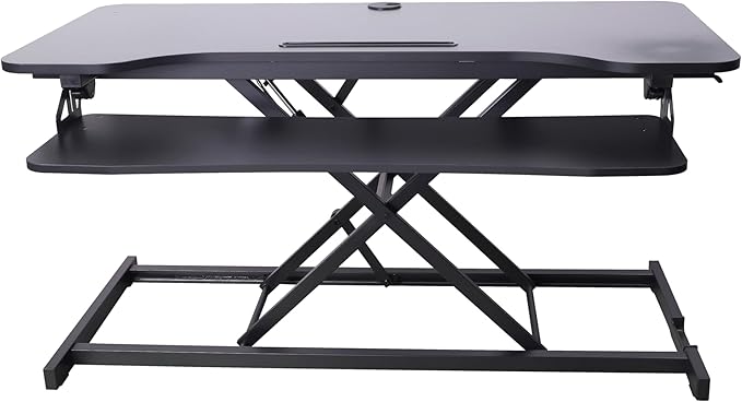 Rocelco 43" Height Adjustable Standing Desk Converter with Anti Fatigue Floor Mat - Tall Stand Up Tabletop Riser and Tablet Slot - Computer Workstation - Deep Keyboard Tray - Black (R VADRB-43-MAFM)