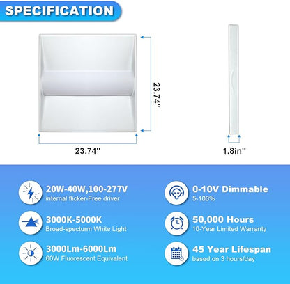 Cortelco 2x2 LED Troffer Light–20W/25W/30W/35W/40W,Up to 6000 Lumens,4 CCT Selectable 3000K/3500K/4000K/5000K,0-10V Dimmable Drop Ceiling Panel – 100-277V,ETL & DLC Listed,Commercial Grade,4-Pack