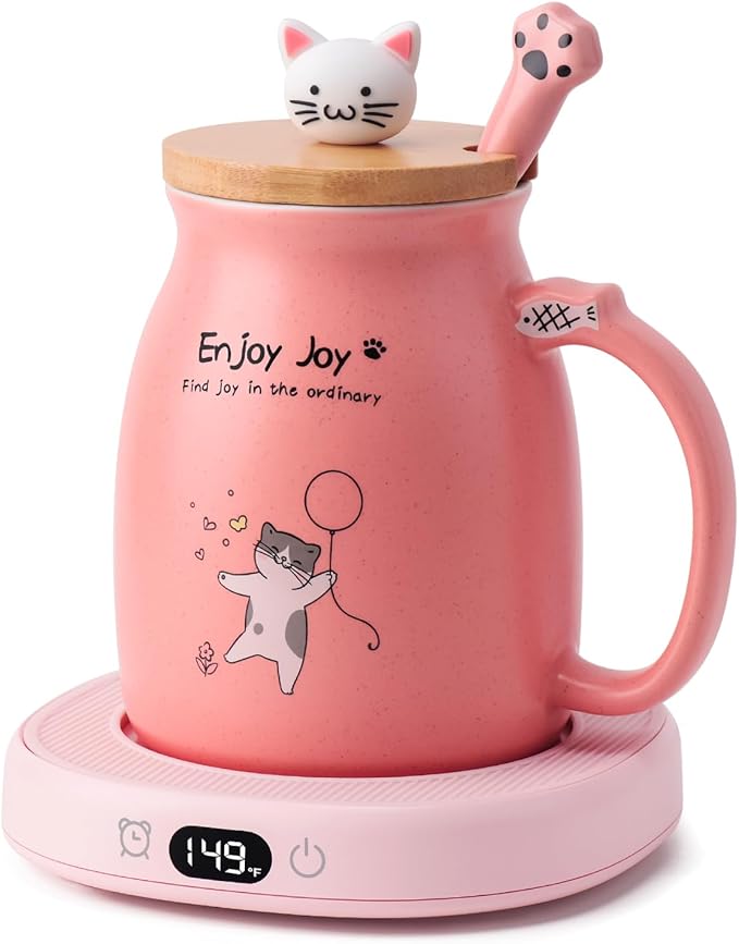 Bsigo Cute Cat Mug Set with Electric Smart Mug Warmer for Home & Office, Beverage Tea or Coffee Cup Warmer with 3-Temp Settings, 8H Auto Shut Off, Pink