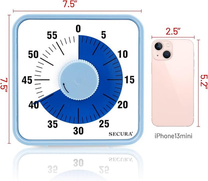 Secura 7.5 Inch Visual Timer, 60 Minute Visual Oversize Countdown Timer for Kids and Adults, Durable Mechanical Time Management Tool (Navy Blue)