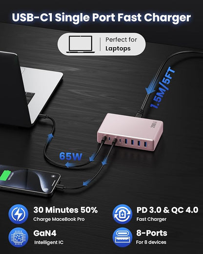 200W USB C Charger Block,GaN IV Charging Station 8 Ports,QC4.0 Fast Charging Station Hub+PD 65W USB C Laptop Charger Adapter Compatible with MacBook Air/Pro,DELL,iPhone 17/16/15,iPad,Steam Deck-Pink