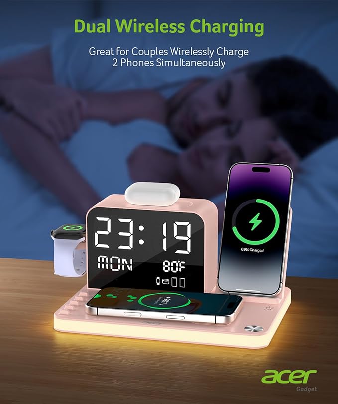 Acer 7-in-1 Wireless Charging Station with LED Clock - 30W Fast Wireless Charger for iPhone 16/15/14/13/12/Pro Max, Apple Watch, AirPods - Bluetooth Auto Time Sync & Night Lights (Pink)