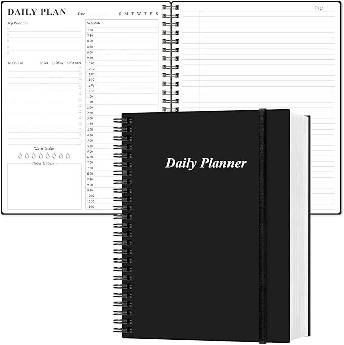 Daily Planner Undated - A4 To Do List Notebook Hourly Schedules, Spiral Appointment Planner for Women and Men,PVC Hardcover, Inner Pocket, Elastic Closure, 8.5" x 11", Black