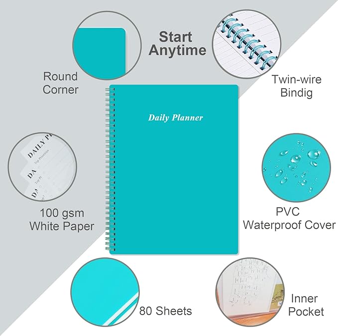 Daily Planner Undated - A4 To Do List Notebook Hourly Schedules, Spiral Appointment Planner for Women and Men,PVC Hardcover, Inner Pocket, Elastic Closure, 8.5" x 11", Teal