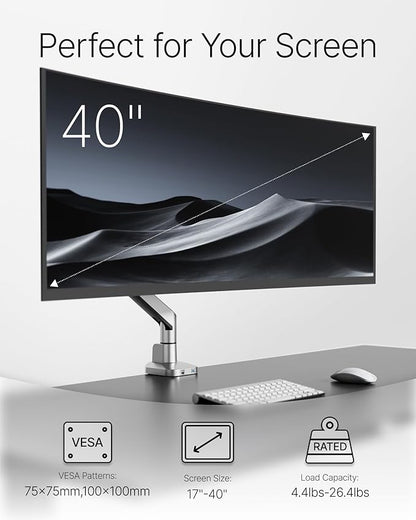 monTEK Deluxe Monitor Arm with USB A/C up to 40 Inch Holds 26.4 lbs Curved Screens Aluminum Fully Motion Single Monitor Stand with Clamp/Grommet, Quick Release Plate,75/100mm VESA,MA1008UCSL