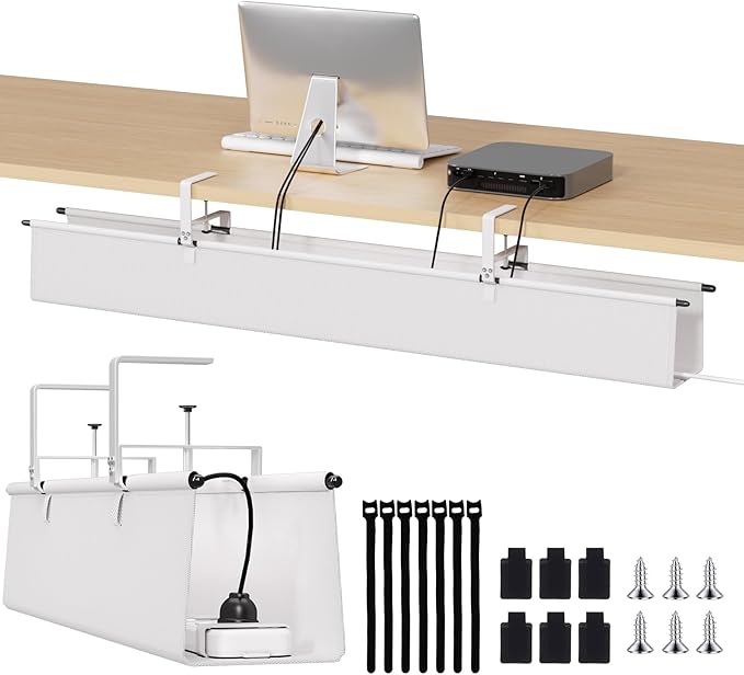 Under Desk Cable Management Tray - 48" Cord Organizer for Desk No Drill, Fabric Under Table Wire Organizer with 16X Cable Ties Hide for Office/Home, Cord Hider Fits Adapters & Sockets, White