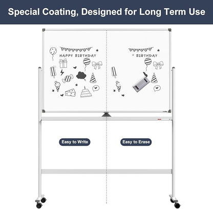 Dry Erase Whiteboard Easel on Wheels - TANKEE 48" x 32" Large Double Sided Mobile Whiteboard, Reversible Magnetic Rolling White Board for Home Office Classroom, Flip Chart Holders and Paper Pad