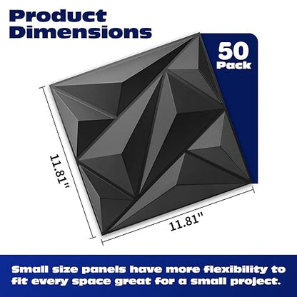 Art3dwallpanels 50 Pack 3D Wall Panel Diamond for Interior Wall Décor, PVC Flower Textured Wall Panels for Living Room Lobby Bedroom Hotel Office, Black, 12''x12''