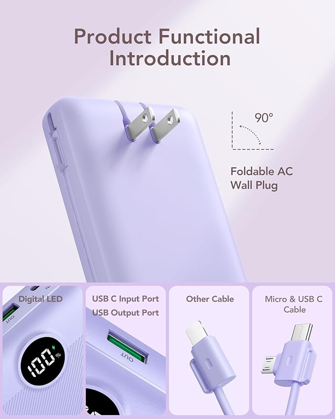 VRURC Portable Charger 20000mAh, Fast Charging Power Bank USB C,4 Output 2 Input Travel Essentials Charging Bank Equipped with LED Display,Built-in Wall Plug and Cables,Phone Charger Battery,Purple