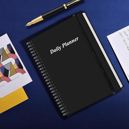 Daily Planner Undated - B5 To Do List Notebook Hourly Schedules, Spiral Appointment Planner for Women and Men, PVC Hardcover, Inner Pocket, Elastic Closure, 7" x 10", Black