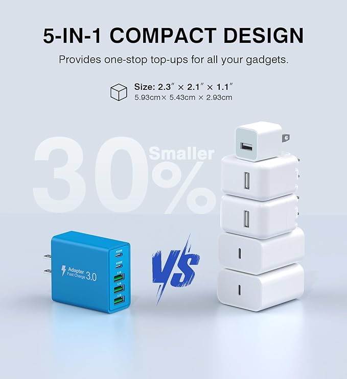 [2-Pack] USB C Wall Charger, 60W USB C Charger Block 5-Port PD Fast Charging Blocks,2USB C+3USB A Multiport Plug,Type C Power Adapter Brick Cube for iPhone17/16/15/14/Pro,iPad,Samsung,for Switch（Blue）