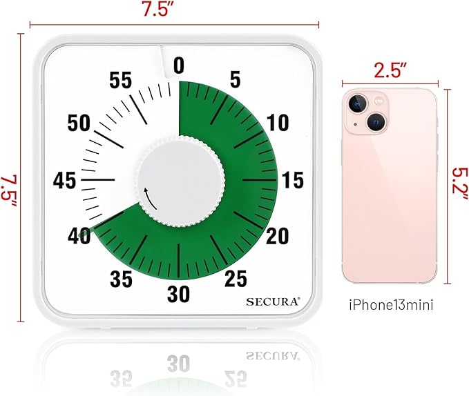 Secura 7.5 Inch Visual Timer, 60 Minute Oversize Visual Countdown Timer for Kids and Adults, Durable Mechanical Time Management Tool (Green)
