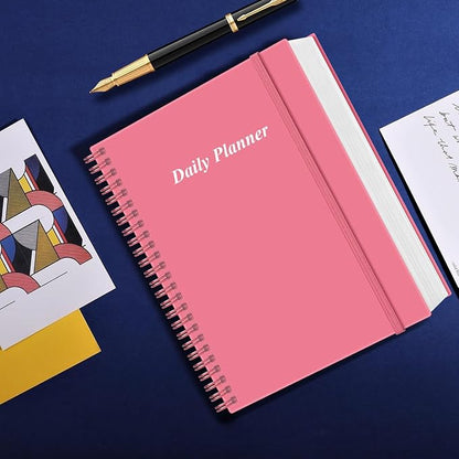 Daily Planner Undated - A4 To Do List Notebook Hourly Schedules, Spiral Appointment Planner for Women and Men,PVC Hardcover, Inner Pocket, Elastic Closure, 8.5" x 11", Pink