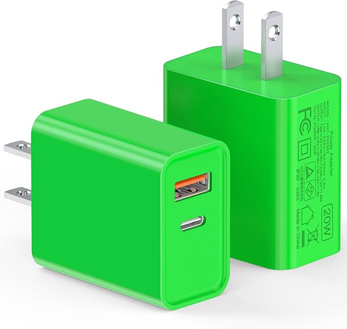 LCGENS 2-Pack USB C Wall Charger, 20W Type C Fast Charger Block Plug Dual Port PD + QC3.0 USB A Charging Brick Cube for iPhone 16/15/14, iPad,Galaxy S25/24, Google Pixel, Motorola,(Bright Green)