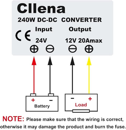 Cllena DC 24v to 12v Converter 20A 240W Regulator Voltage Reducer Power Supply Buck Transformer for Golf Cart