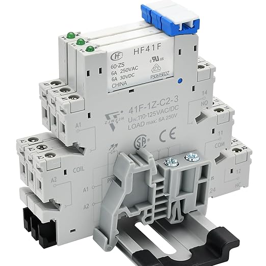 Electromechanical Relay Miniature Power Relay 110V/ 120V AC/DC HF41F/60-ZS 1NO 1NC 6A SPDT with LED Indicator, Socket Base, DIN Rail Slotted 3Pcs UL Certification