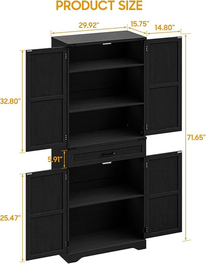 72" Kitchen Pantry Storage Cabinet, Farmhouse Style With Adjustable Shelves, Large Capacity Drawer, Freestanding Cupboard for Kitchen, Dining Room, Living Room, Black