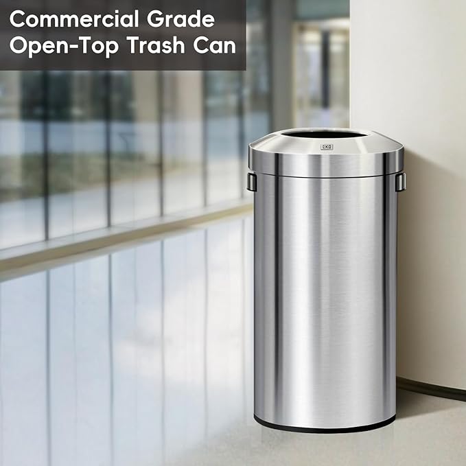 EKO 32-Gallon Round Stainless Steel Open Top Trash Can, Large Commercial Waste Bin with Detachable Lid and Carrying Handle, Brushed Metal Garbage Bin for Home, Office, Restaurant, Restroom