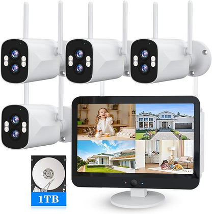 ZHXINSD [Dual Lens 2K+2K&10X Zoom] Home Wireless Security Camera System with 12.5" LCD Monitor Outdoor, 10CH Kit 4PCS House WiFi Camera 1TB HDD