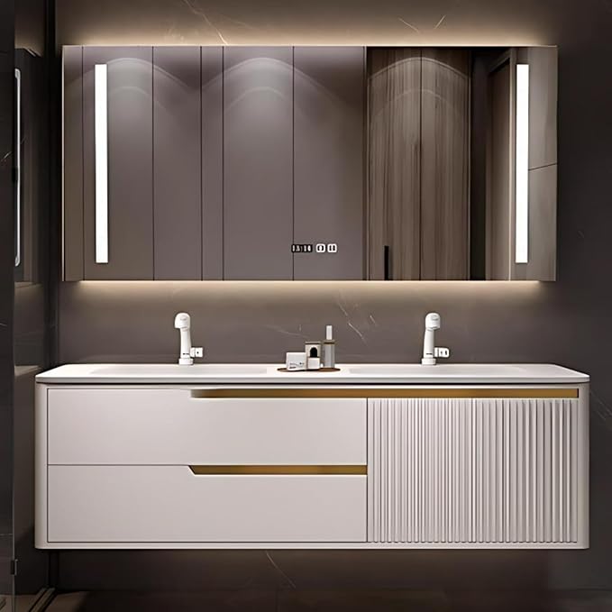 Bathroom Vanity with Double Sink - Smart Defogging Mirror & LED Lights on Both Sides, Floating Bath Sink Cabinet | 2 Drawers, Wave Shaped Panel (White, 64IN)