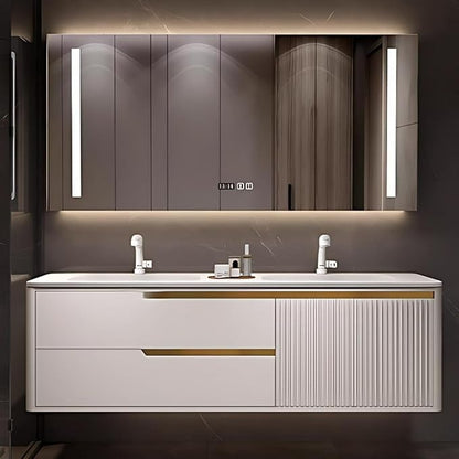 Bathroom Vanity with Double Sink - Smart Defogging Mirror & LED Lights on Both Sides, Floating Bath Sink Cabinet | 2 Drawers, Wave Shaped Panel (White, 64IN)