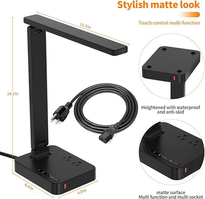 cozoo Desk Lamps for Home Office,Modern LED Desk Lamp for Dorm with 2 USB Charging Ports/Type C Port,2 AC Outlets,3 Lighting Mode,3 Level Brightness,Touch Control/Timer/Eye-Caring Foldable Table Lamp