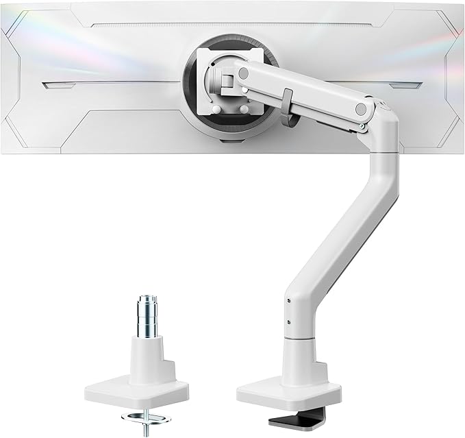 monTEK Heavy-Duty Monitor Arm for 17-57" Ultrawide Curved Screen, Supports up to 59.4 lbs, Adjustable Gas Spring Arm, 75/100 VESA Mount, Clamp & Grommet Desk Monitor Mount Single, White