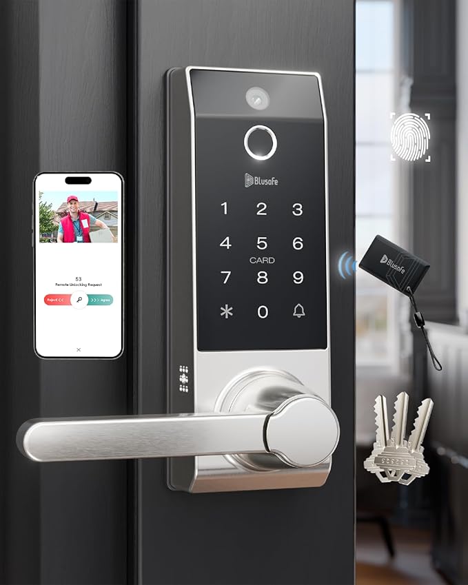 Smart Lock Doorbell Fingerprint Smart Door Lock Deadbolt for Homeowners or Parents Door Lock with Camera and Door Handle for Renters, Keyless Entry Door Lock for Front Door (Contour V Sand Nickel)