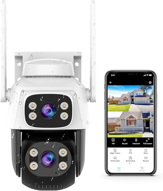 VSTARCAM Dual-Lens Security Cameras Wireless Outdoor, Pan/Tilt 360° View, 2.4GHz WiFi Outside Camera with Color Night Vision, 2-Way Audio, Motion Tracking, Siren, IP66 Weatherproof, Cloud & SD Storage