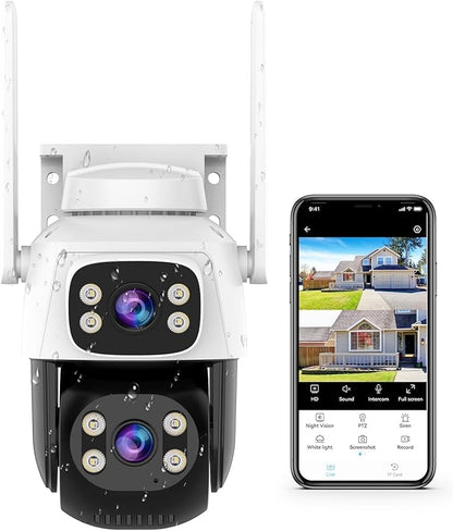 VSTARCAM Dual-Lens Security Cameras Wireless Outdoor, Pan/Tilt 360° View, 2.4GHz WiFi Outside Camera with Color Night Vision, 2-Way Audio, Motion Tracking, Siren, IP66 Weatherproof, Cloud & SD Storage
