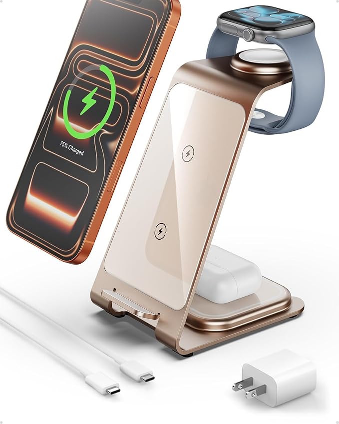 Intoval Aluminum 3 in 1 Wireless Charging Station for iPhone 17 16 15 14 13 12 11 Pro Max XR, Wireless Charger for Apple Watch 11 10 9 8 7 Ultra SE 3 2, Phone Charger for AirPods 4 Pro 2 3 (Desert)