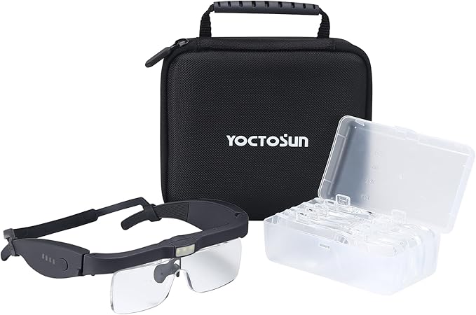 YOCTOSUN Magnifying Headset with 3 LED Lights, Storage Case, Head Strap and 5 Detachable Lenses 0.75X,1.25X,2.0X,3.0X 4.0X, Magnifying Glasses for Close Work, Jewelry, Hobby