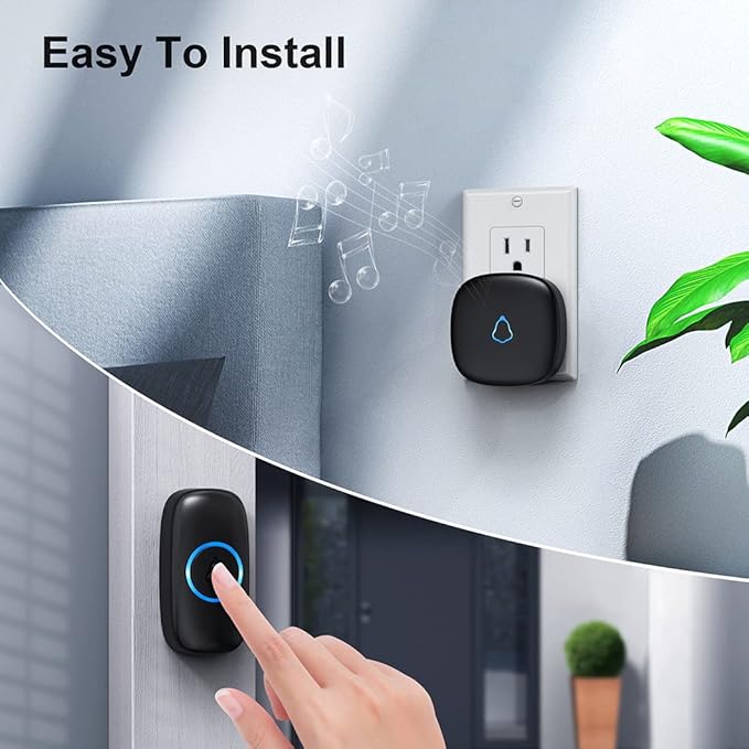 SECRUI Wireless Doorbell with 2 Receivers 2 Push Buttons, Easy installation, Adjustable Volume, 58 Chimes, Colorful LED, 1000Ft Range, M520+F55, Black