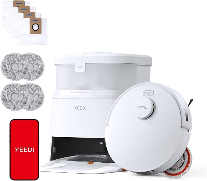 Yeedi M12 Ultra Plus Robot Vacuum & Mop – White Upgraded Version | 11800Pa Stronger Suction, ZeroTangle Hair-Free Brush, Includes 4 Dust Bags, Auto Hot-Water Mop Wash & Dry