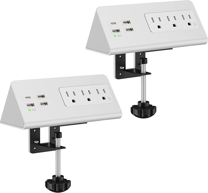 Nightstand Edge Mount Power Strip with USB-C Ports Tabletop Surge Protector Desk Clamp Power Sockets with 3 AC Outlets &4 Fast Charging USB Ports for Home Office Hotel and Dormitory (White(2-Pack))