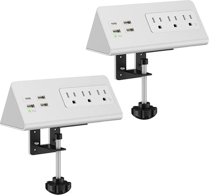 Nightstand Edge Mount Power Strip with USB-C Ports Tabletop Surge Protector Desk Clamp Power Sockets with 3 AC Outlets &4 Fast Charging USB Ports for Home Office Hotel and Dormitory (White(2-Pack))