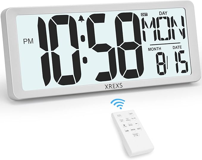 XREXS Digital Wall Clock with Backlight (Not Constantly Illuminated), 14.17 Inch Large Wall Clock with Remote Control, Count Down Timer, Battery Operated Digital Clock with Temperature, Date&Week