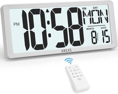 XREXS Digital Wall Clock with Backlight (Not Constantly Illuminated), 14.17 Inch Large Wall Clock with Remote Control, Count Down Timer, Battery Operated Digital Clock with Temperature, Date&Week