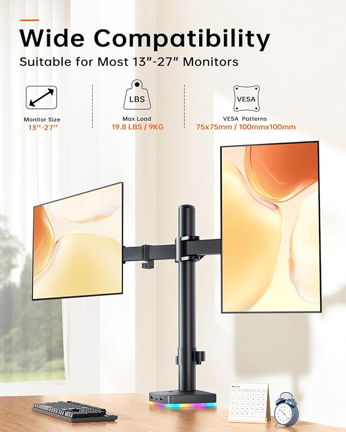 RGB Dual Monitor Desk Mount, Monitor Stand with 3 USB Ports, Charging and USB Data Transfer Function, Adjustable Arms for 13"-27" Monitors up to 17.6lbs, VESA 75x75mm 100x100mm, Ergonomic Design