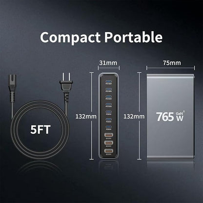 765W 10-Port GaN 3 Desktop Charging Station for Phones, Tablets, Laptops, Smartwatches & Earphones - Home, Office & Travel Compatible