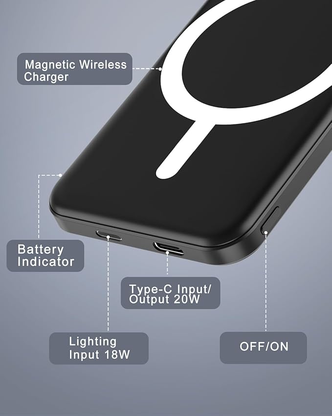 podoru for Magsafe Battery Pack, 5000mAh Magnetic Power Bank with Type-C Cable 20W PD Fast Charging Lighting Input Wireless Portable Charger for iPhone 17/16/15/14/13/12/ All Series-Black
