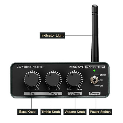 MANAYO 100w+100w Bluetooth Amplifier for Passive Speakers, Home Stereo Receiver with Treble, Bass, and Volume Control, Compatible with Cell Phones, CD Players, Turntable and Home Audio