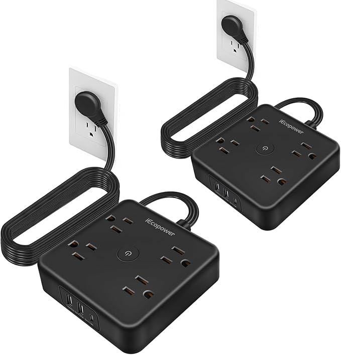 Surge Protector Power Strip 15 ft Cord,Long Power Strip with 4 Widely Outlets, Thin Extension Cord with 3 USB Ports(1 USB C Port),Slim Desk Charging Station,Black(2 Pack)